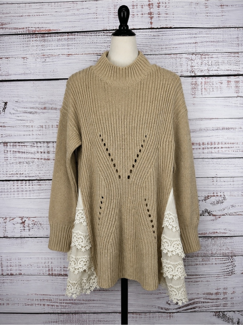 Ryu Chunky Knit Mock Neck Lace Trim Sweater Tunic Beige M/L Boho Cottagecore